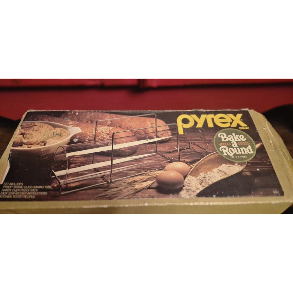 Vintage PYREX Bake A Round Glass Bread Baking Tube #990 Corning Rack & Box 1970s
